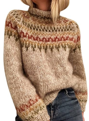Generisch Maglione norvegese da donna, girocollo, a maniche lunghe, a maglia, a collo alto, con motivo jacquard, maglione invernale caldo