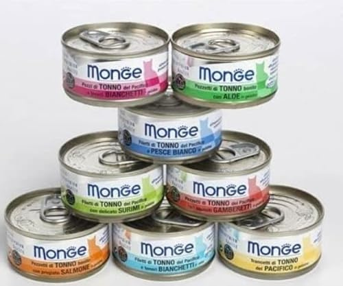 MONGE Natural Gatto Cibo Umido, 24 Scatolette Assortite da 80g, Tonno con Varietà di Gusti