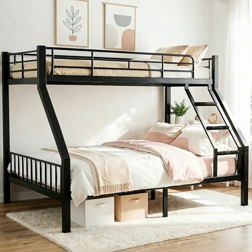 Mixcous Twin XL Over Queen Bunk Bed, Heavy Duty Queen Bunk Bed for Adults, Metal Bed Frame with Full-Length Guardrails & EVA Padded Anti-Slip Ladder, No Box Spring Needed, Black
