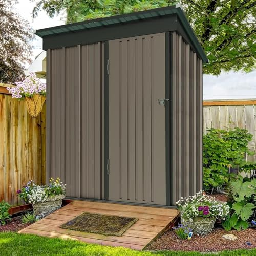 UDPATIO Trädgårdshus i metall med 2,1 m³, pulttak – 162 x 92 x 180 cm för utomhusbruk, utrustningsskjul, cykelgarage, galvaniserat stål med låsbar dörr för bakgård, brun