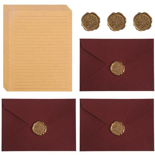 Juego de papelería vintage con 3 sobres de papel kraft vintage, 10 hojas de papel de carta vintage y 3 sellos de lacre. Papelería elegante para invitaciones de boda, cumpleaños y regalos(Rojo)