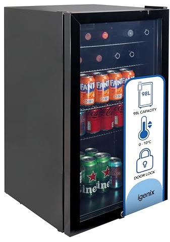 Igenix 98L Under Counter Drinks Fridge, Glass Door, Black | Glass Door Refrigerator with Lock, 0–10°C, Compact Beverage Cooler, Reversible Door