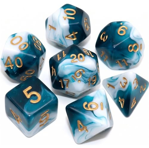 Transparent harts polyedrisk tärning, 7 st tärningar för D&D Dungeons Dragons Rollspel med turkospunkt, professionell flersidig design, perfekt för RPG och brädspel, vit turkos
