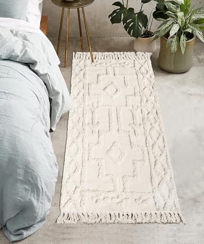 Uphome Boho Bathroom Runner Rug 2' x 4.3', Washable Woven Cotton Bedroom Rug Runners, Beige Aesthetic Tufted Entryway Runner Rugs, Bohemian Tribal Throw Rugs for Bedside Living Room Laundry Kitchen