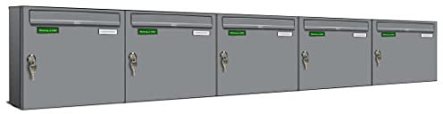 AL Briefkastensysteme Basic 5er Briefkasten RAL 9006 Weiß Aluminium Silber Edelstahl-farbig 5 Fach DIN A4 wetterfest Briefkastenanlage mit Posthaltebügel und 2 Namensschildern