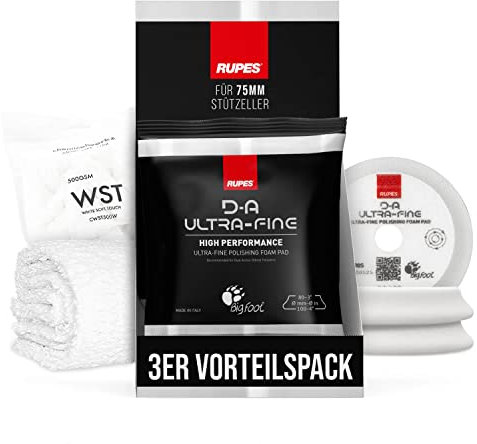 Polierpad Set: Rupes Bigfoot Polierschwamm für 75mm Stützteller - D-A Ultrafine Ø80-100mm weiß (3 STK.) + ChemicalWorkz Premium Poliertuch 500GSM | 4-teilig