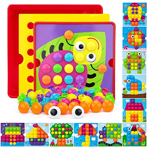AluAbi Button Art Toys for Toddlers 2+, Color Matching Learning Game | Fine Motor Skills Toy with 46 Chunky Pegs and 12 Picture Cards for Sorting, Hand-Eye Coordination, Creativity and Focus