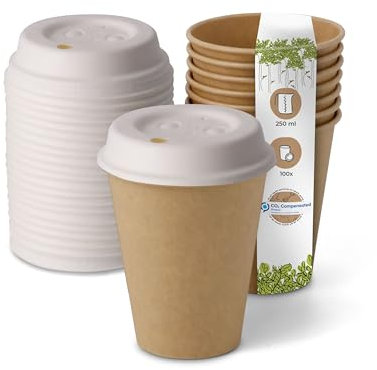 BIOZOYG Bicchieri Monouso Compostabili Bio con coperchio di carta I Bicchieri Usa e Getta Bicchieri di Carta I 100 Tazze di Cartone da Caffè da Asporto Marrone non Sbiancate 250 ml 10 oz