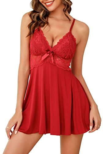 Vlazom Women Nighties, Sexy Lace Negligees Soft Nightdress Straps Chemises Slip V Neck Babydoll Sleepwear A-Wine Red,L