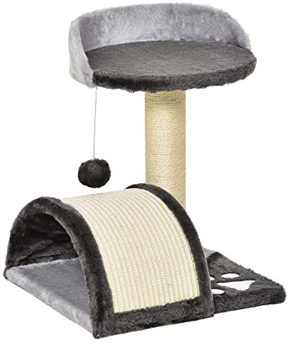 PawHut Árbol Rascador para Gatos Pequeños Altura 46 cm de 2 Niveles Árbol para Gatos con Poste Tablero para Rascar Plataformas y Juguete de Bola Colgante 35,5x37x46 cm Gris Oscuro