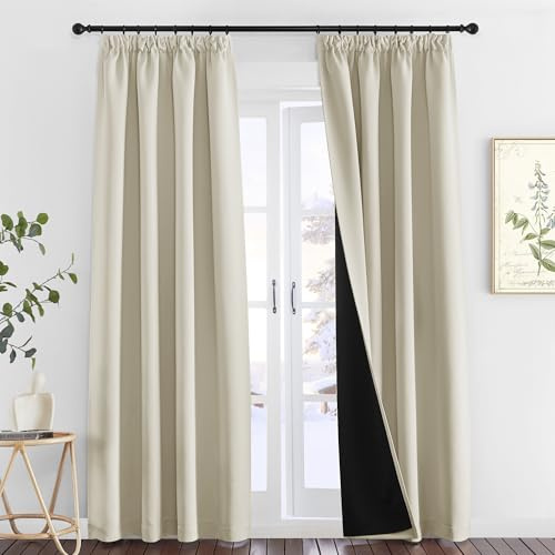 PONY DANCE 100% Blackout Pencil Pleat Curtains - Double Layered, Short Thermal Insulated Curtains & Drapes for Bedroom/Kitchen, 2x W55 X L102, Light Beige