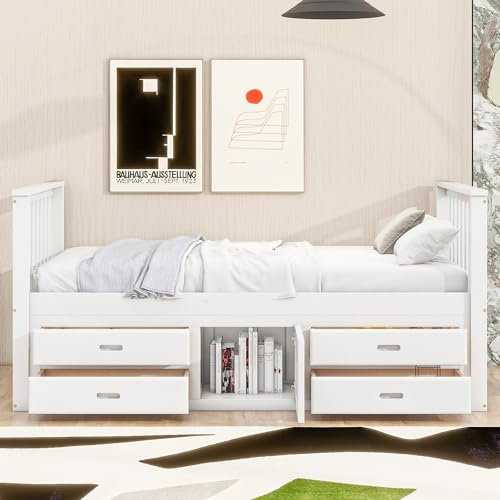 KecDuey Einzelbett 90x200cm, Massivholz Kiefernbett mit 4 Schubladen, Podestbett mit Lattenrost Jugendbett mit Stauschrank, Gästebett