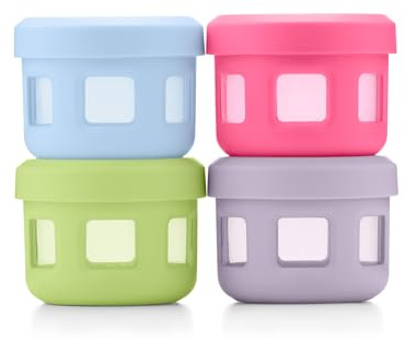 Ello Reusable Plastic Condiment Containers 4oz each with Screw-on Leak Proof Lid 4 Pack | Perfect for Salad Dressing Sauce Dips Lunchbox Picnic Travel Bento Box | BPA-Free | Dishwasher Safe | Neon