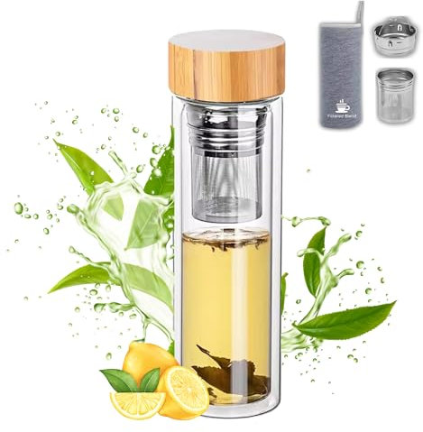 15oz Double Wall Glass Water Bottle with Bamboo Lid and Tea Infuser – Insulated, Leak-Proof, and Eco-Friendly Travel Tea Mug with Filter for Hot or Cold Beverages