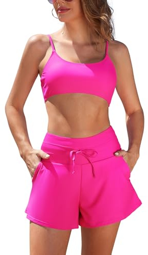 SHEKINI Zweiteiliger Badeanzug für Damen, Bikini-Set mit 2 Taschen, hohe Taille, Kordelzug, Badeshorts, Push-Up-Bandeau-Bandeau, verstellbar, Bauchkontrolle, Vintage, Strand-Bademode, fluoreszierendes