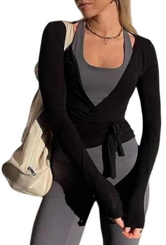 Damen-Wickel-Top, langärmelig, tiefer V-Ausschnitt, Kreuzbindung, Workout, Ballett, Pilates, Yoga, Schwarz, Mittel