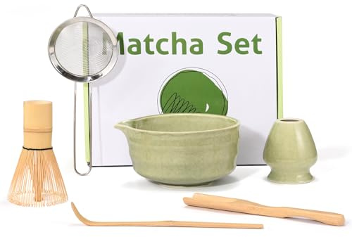 Ouxayapl Matcha kit Débutant - Coffret Vert 6 Pièces : Bol à Matcha, Fouet (Chasen), Support, Cuillère, Filtre, Chashaku- Pour Préparer un Latte ou S'initier à la Cérémonie du Thé (vert)