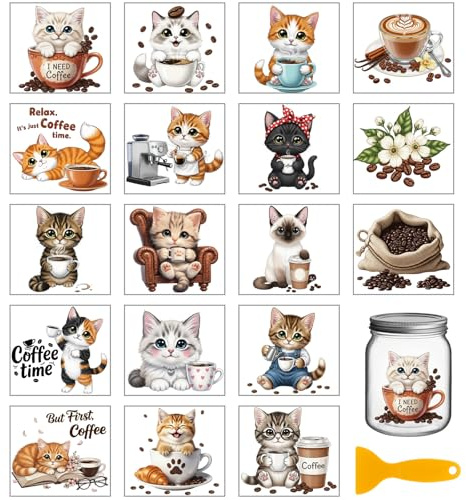 GLOBLELAND 18 Sheets Coffee Cats Rub on Transfers Sticker for Vase Crafts 3.9x3.6inch Colorful Coffee UV DTF Cup Wraps Decals Cute Animals Transfer Stickers for Furniture Cup Glass Bottle Decors