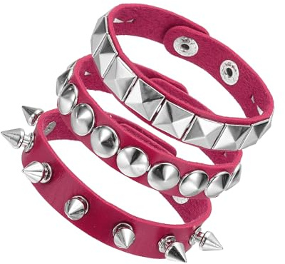 sourcing map 3Pcs Rock Punk Spiked Leather Bracelet Set, 8.7/22cm Goth Studded Cuff Wristband Adjustable Bracelets for Halloween Party Favors Grunge Accessories, Rose Red