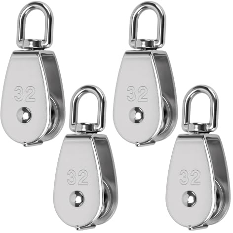 FUNSUEI 4PCS M32 Stainless Steel Pulley Wheel, Load Capacity 250kg Heavy Duty Single Pulleys 360° Swivel Pulley Block for Rope & Cable