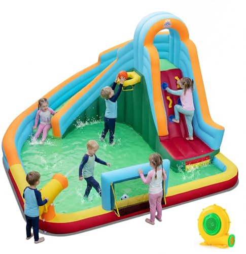 COSTWAY Castillo Hinchable Niños con Tobogán AcuáTico, Parque Infantil Inflable con Bolas Oceánicas, Fútbol, Baloncesto, Muro de Escalada, Aro, Portería y Cañón de Agua para 3 a 12 Años (Con Soplador)