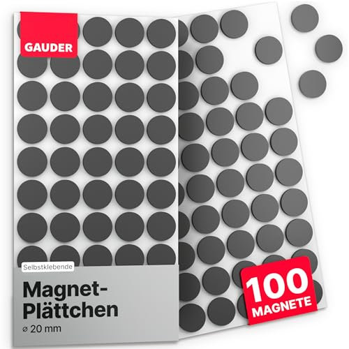 GAUDER Magneti Adesivi - Magneti Tondi per Note, Foto e Progetti Creativi - Piastre Magnetiche Autoadesive per Oggetti Leggeri (100 pezzi - 20 x 2 mm)