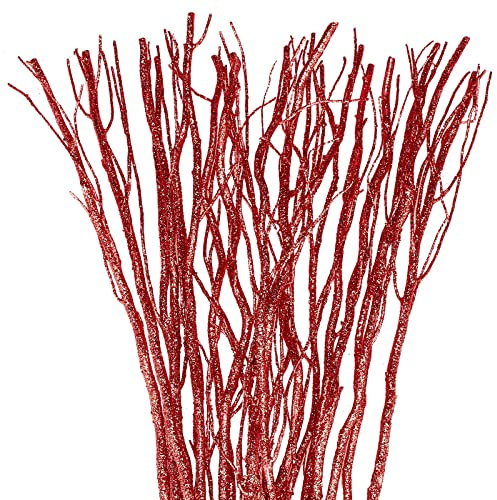Xinnun 50 Stück Getrocknete Weiden Vasen Füller Gelockte Weidenzweige 17 Zoll Äste zur Dekoration Stöcke Zweige und Zweige für Vasen Zweige Deko für DIY Weihnachten Hochzeit (Glitzer Rot)