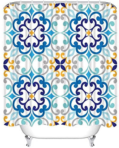 Duschvorhang Sets Blau Mediterran Auf Italienischen Fliesen Majolika Muster Abstrakt Antik Polyester Stoff Dekor Mit 12 Haken Wasserdicht Waschbar 180x180cm
