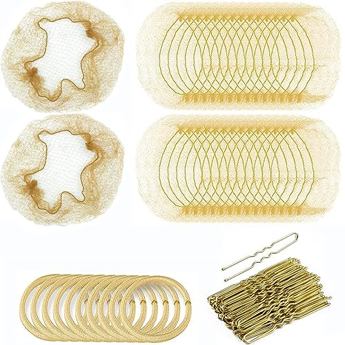 Hair Nets for Buns, 30pcs Blonde Invisible Hair Nets with 40pcs Hair Pins & 10pcs Hair Bands, Blonde Hair Net for Girls, Gold U Shape Bobby Pins for Ballet Dancers Nurse Women