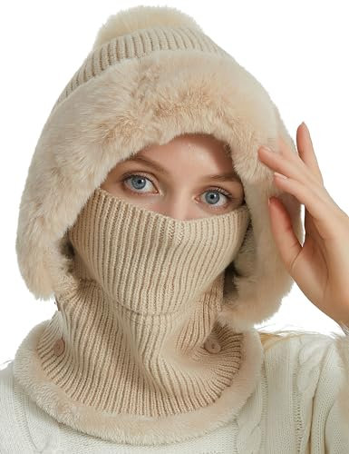 FEOYA Schlupfmütze Damen Sturmhaube Winddicht Schalmütze Fleece Gefüttert Wintermütze Warm Strickmütze Winter Strick Balaclava Mütze Kapuzen-Schal Gesichtshaube für Winter