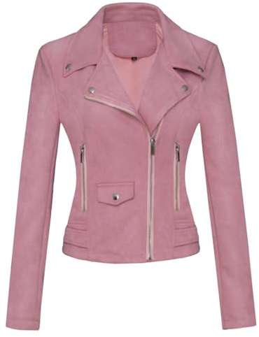 ANUFER Mujeres Piel Sintética de Gamuza Chaqueta Motera Fresco Cremallera Cruzada Abrigo Corto SD5A1212 Rosa 2XL