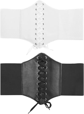 DAZZLUXE Lot de 2 ceintures larges élastiques à lacets pour femme - Ceinture corset large et élastique pour femme (noir, blanc), noir/blanc, Höhe 12 cm, Länge 60–80 cm