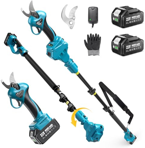Seesii 2-in-1 Cordless Electric Pruning Shears with Pole, 15Ft Reach, 1.2 Cutting Diameter, 21V 2x 4000mAh Batteries, Battery Powered Tree Pruner with Brushless Motor for Efficient Branch Trimming