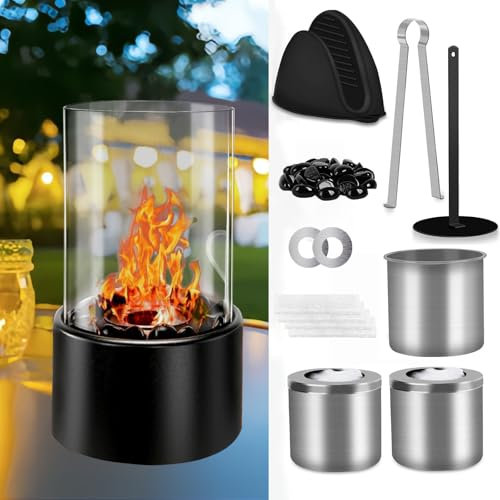 Tabletop Fireplace Bio Ethanol Table Top Fire for Outdoor & Indoor, Portable Table Top Heater with Decorative Rocks and 2 Combustion Chambe, Long Burning Time Fuel Burner Heater for Room Balcony Party