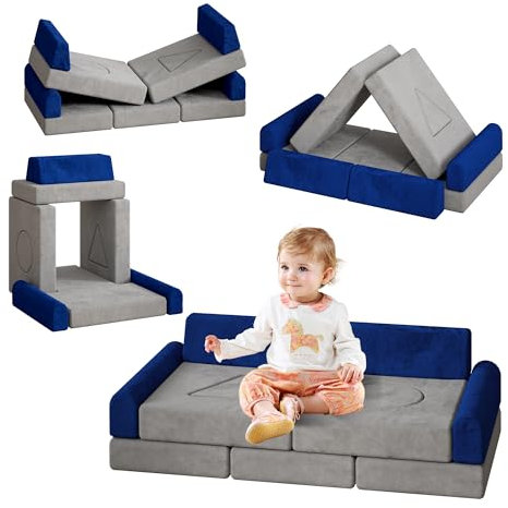 hoopyosms Modulares Spielsofa für Kinder | Kindersofa aus Schaumstoff-Bausteinen | Spielsofa Kinderzimmer | Weiche Bausteine mit Flanellbezug, Grau Blau