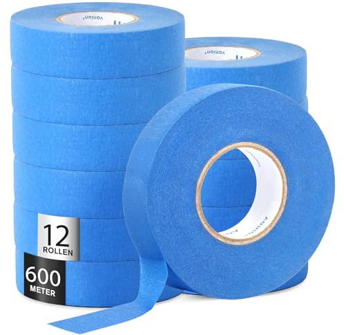 WUFANC Masking Tape pour Peinture Ruban Adhésif de Précision pour Travaux de Rénovation, Décoration et Bricolage Ruban de Masquage pour Peinture Facile à Retirer sans Résidus (12Rouleaux-24 mm x 50 m)