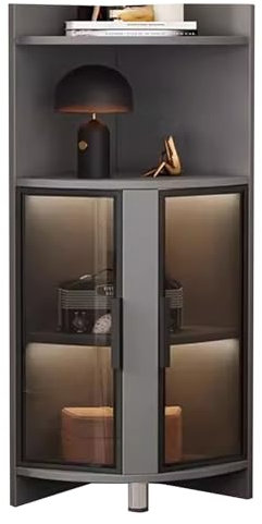 ENHEN Glasvitrine Eckvitrine mit Gebogenem Design für Kleine Räume, 47-Zoll-Bücherregal mit Tür Aus Gehärtetem Glas, LED-Lichtleiste und Spirituosenvitrine(Grey+Black)