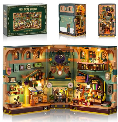 INSOON Magisches Zaubertrank Book Nook Haus Bauspielzeugset mit LED, 990 Stück Magic DIY Bookend Baustein Kit für Heimdekor, Booknook Klemmbausteine für Erwachsene Kinder Jungen Mädchen ab 10-12+