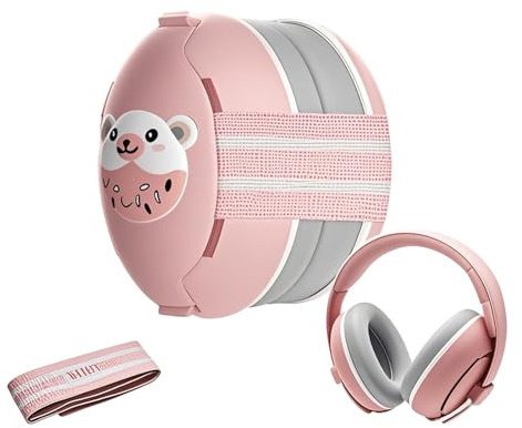 Robofun 2 in 1 Cuffie Neonato Antirumore, Protettori Acustici per Neonati -25dB, Fasce Regolabili, Protezione Acustica Ideale per Neonati fino a 48 Mesi, Confortevoli - Rosa