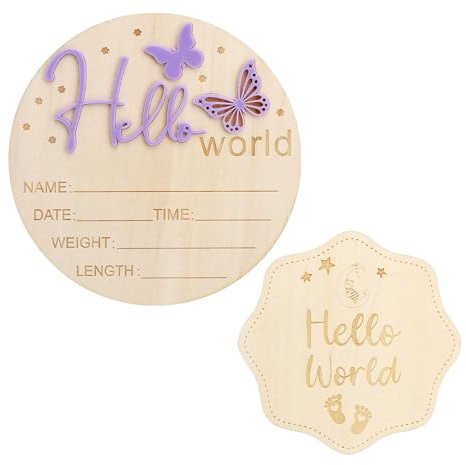 APOMOONS Meilensteinkarten Baby Holz 2 Stück, Baby Meilensteinkarten 14.8cm und 9.8cm, Hello World Baby Holzschild Willkommensschild für Babypartys Fotorequisiten, Namensschild für Mädchen und Jungen