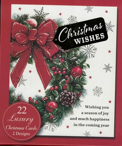 22 Luxury Christmas Cards Boxed Set – 2 Elegant Designs with Envelopes | Holiday Greeting Cards Bulk Pack – Wreath & Bow Design, Festive Xmas Wishes