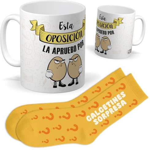 Set para Opositores | Taza “ESTA OPOSICIÓN LA APRUEBO POR HUEVOS” + Calcetines Sorpresa | Regalo Original y Divertido para Hombre o Mujer | Ideal en Cumpleaños, Navidad y Época de Exámenes