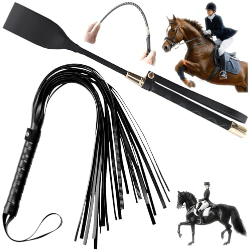 Seutmrou 2 Látigo, Látigo Entrenamiento Montar Caballo, Fusta Equitación, Látigo de Cuero,Con asa y cordón, Fusta negra para el entrenamiento diario de caballos,Accesorios para juegos de rol de fiesta