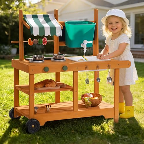 ROBOTIME Mud Kitchen Kit de jeu d'extérieur pour enfants, cuisine de jeu avec roues à roulettes, poignée coulissante, brochettes rotatives, auvent en tissu, tableau et évier à eau réaliste, jeu de