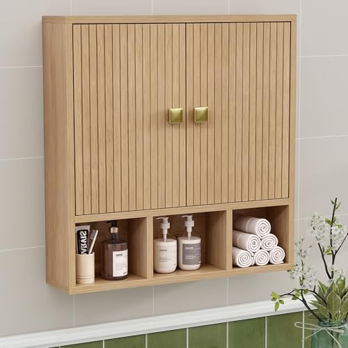 UYIHOME Väggskåp Badrum, Hängande Badrumsskåp, Medicinskåp, Tvådörrars Träskåp Badrum, Med Justerbara Golv Och Öppna Fack, 13 X 56 X 58 Cm, Träfärg
