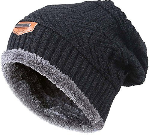 HINDAWI Winter Beanie for Girls Boys Kids (5-14 Years) Warm Snow Knit Hats Windproof Slouchy Skull Cap Black