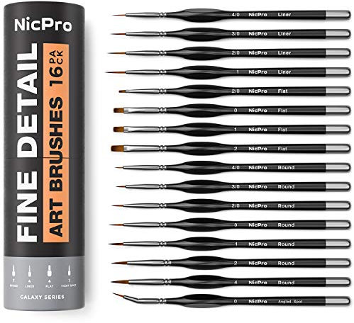 Nicpro 16 Stück Feiner Detail Pinsel Set, Pinselset Malen für Professionelle Künstler für Acryl, Aquarell, Öl, Malen nach Zahlen, Miniatur Modell, Nageldesign, Detailmalereien mit Halter Tasche