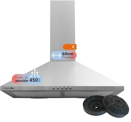 UNIVERSALBLUE Campana Extractora 60 cm Piramidal Acero Inoxidable 3 Velocidades | Clase B | Potencia 450 m³/h | Extractor de Aire y Humo Eléctrico de Pared para Cocina | Filtros de Aluminio