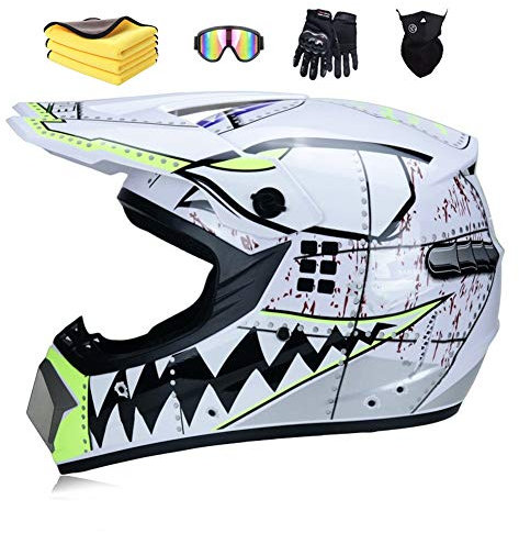 Wbeiba Casque De Motocross MX Pour Enfants Casque De Moto ATV Casque D. O. T Certified Casque De Requin Multicolor Avec Lunettes Gants (white,M:57-58cm)