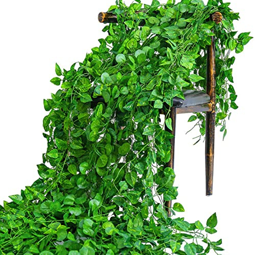 Aeojoor Epipremnum Aureum Leaves, Green Vines Fake Plant Vine Leaves, Hanging Fake Vine Leaves, Home Kitchen Garden Office Wedding Wall Decor (Pack of 12 86 Inch Fake Plants)